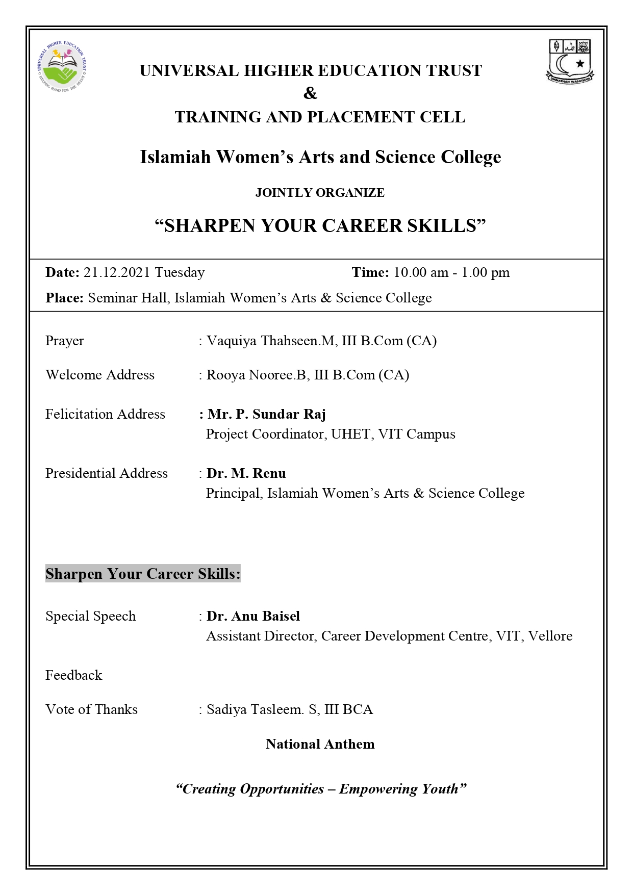 15. UHET & Islamiah Women_Programme schedule_21.2021
